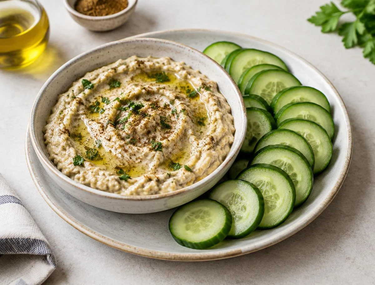 Roasted Eggplant Dip with Cucumber Slices