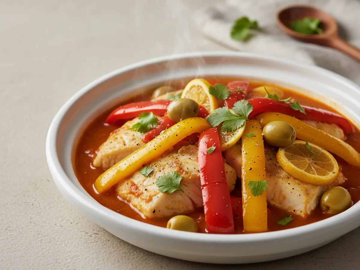 Moroccan Fish Tagine with Peppers and Olives