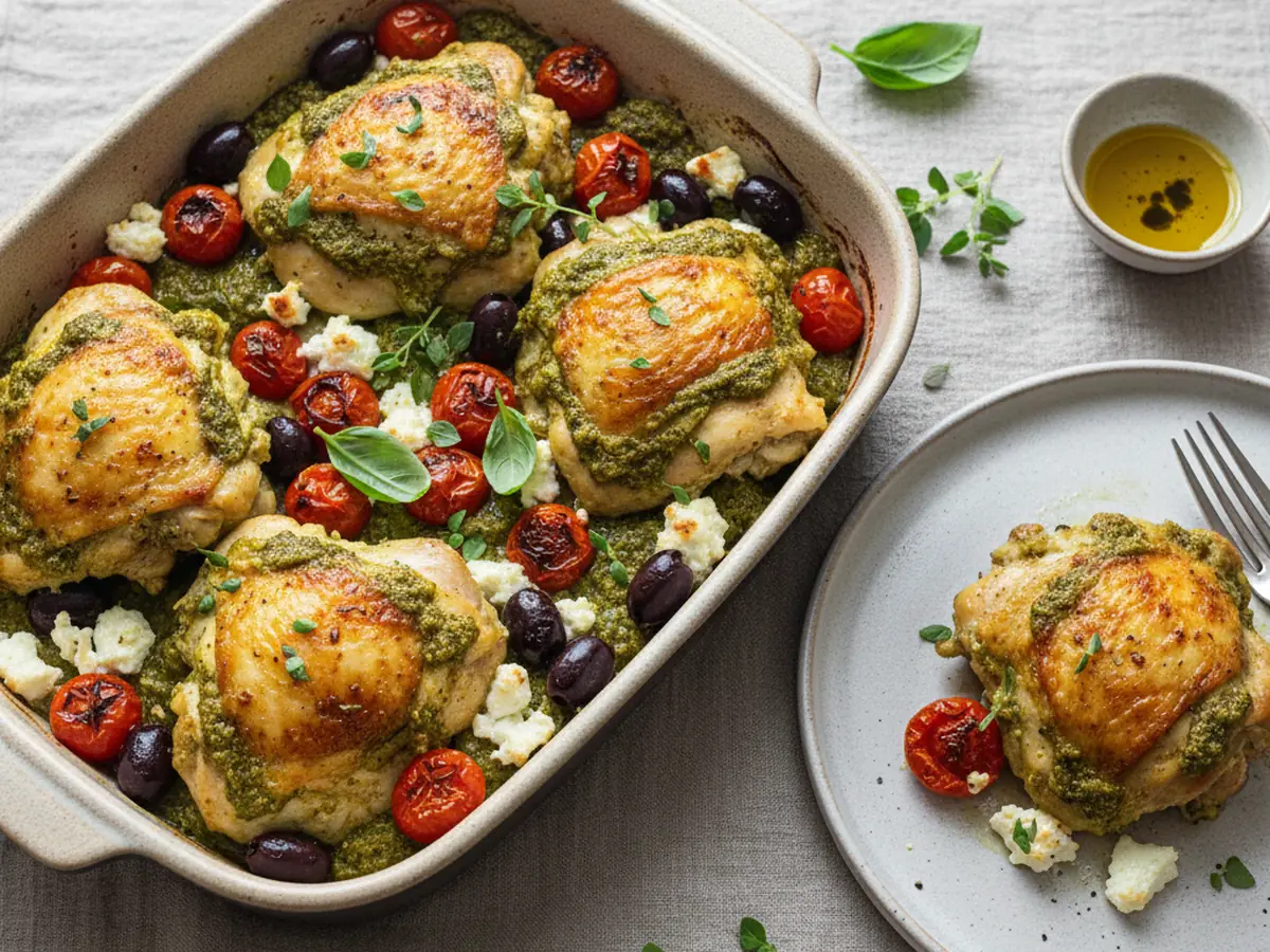 Pesto Chicken, Feta, and Olive Bake