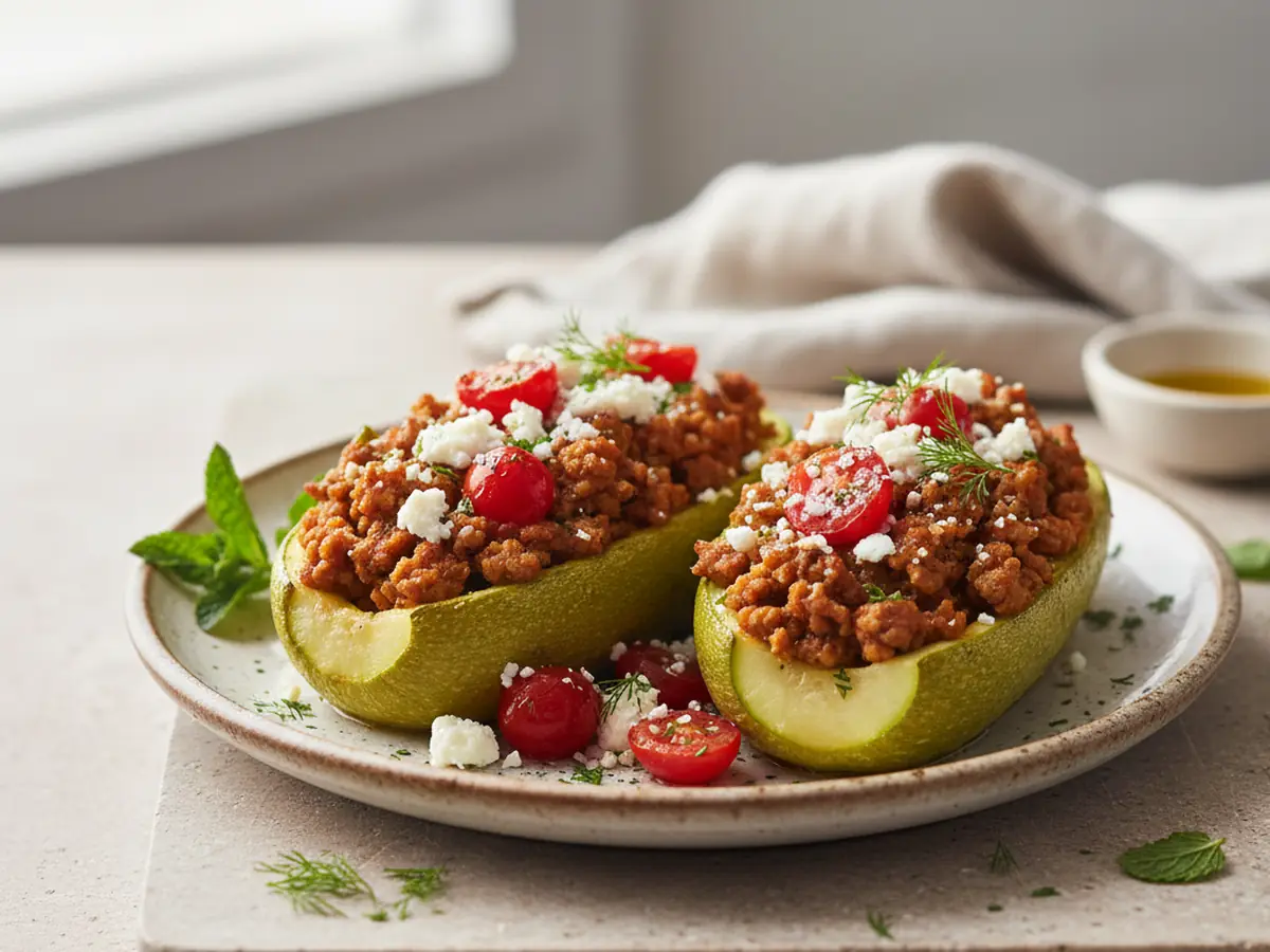 Greek Lamb Stuffed Zucchini Boats
