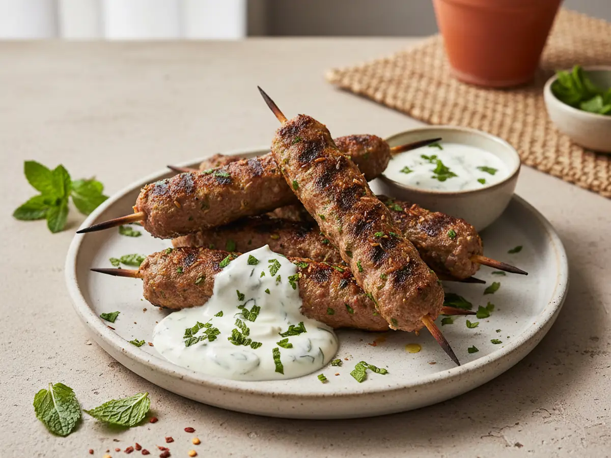 Moroccan Lamb Kefta Skewers with Yogurt-Mint Sauce