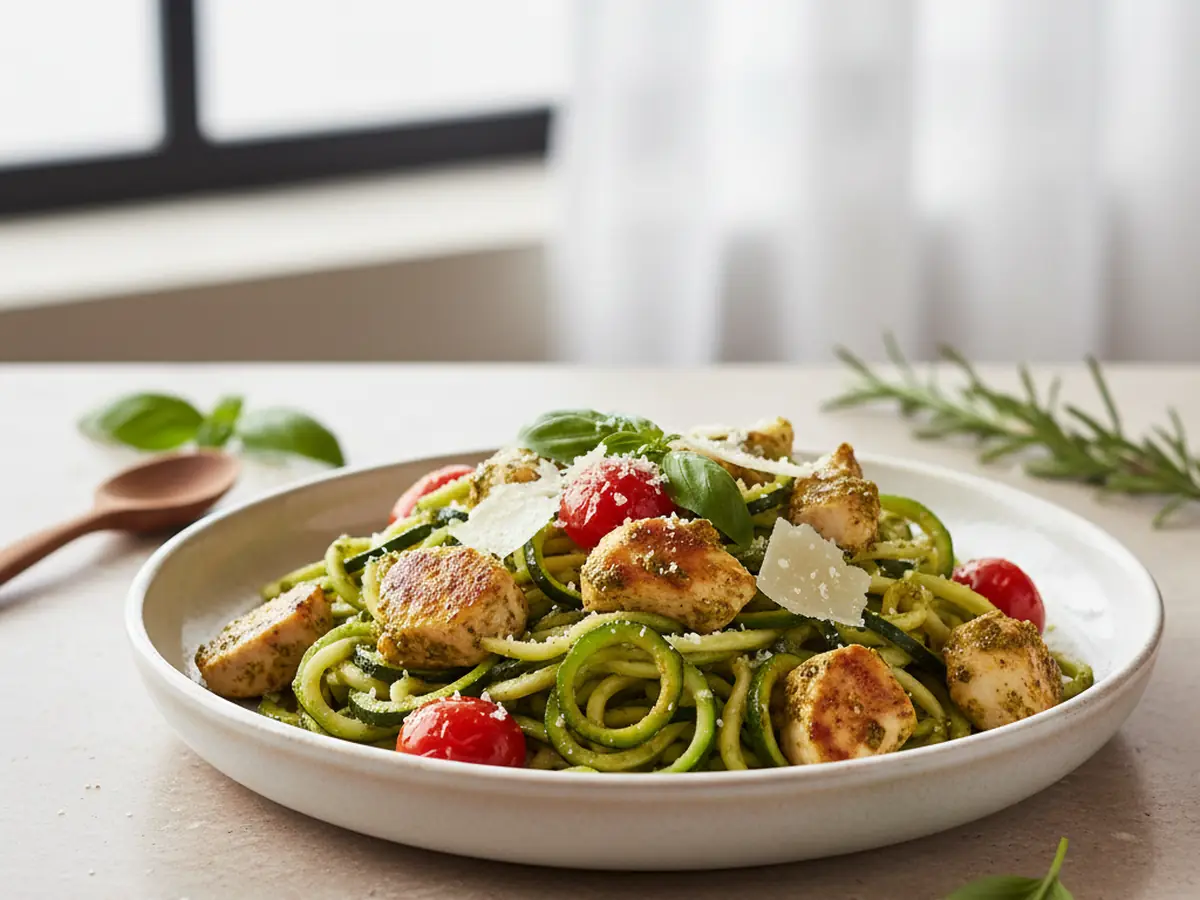 Pesto Chicken Zucchini Noodle Bowl