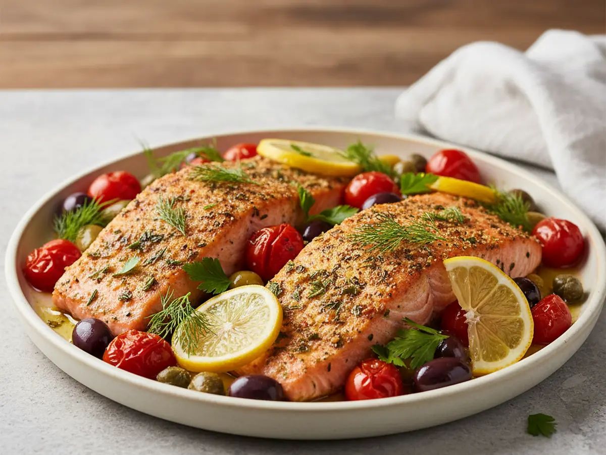 Mediterranean Baked Salmon with Olives and Tomatoes