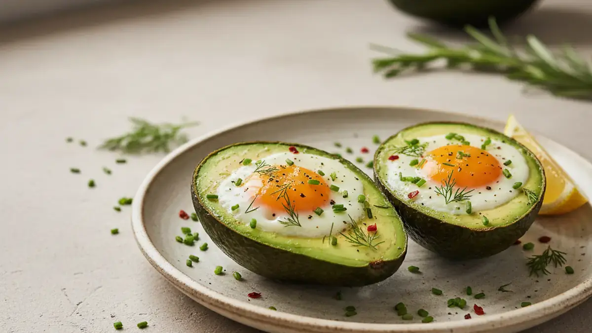 Two avocado halves with baked eggs, chives and dill on a ceramic plate